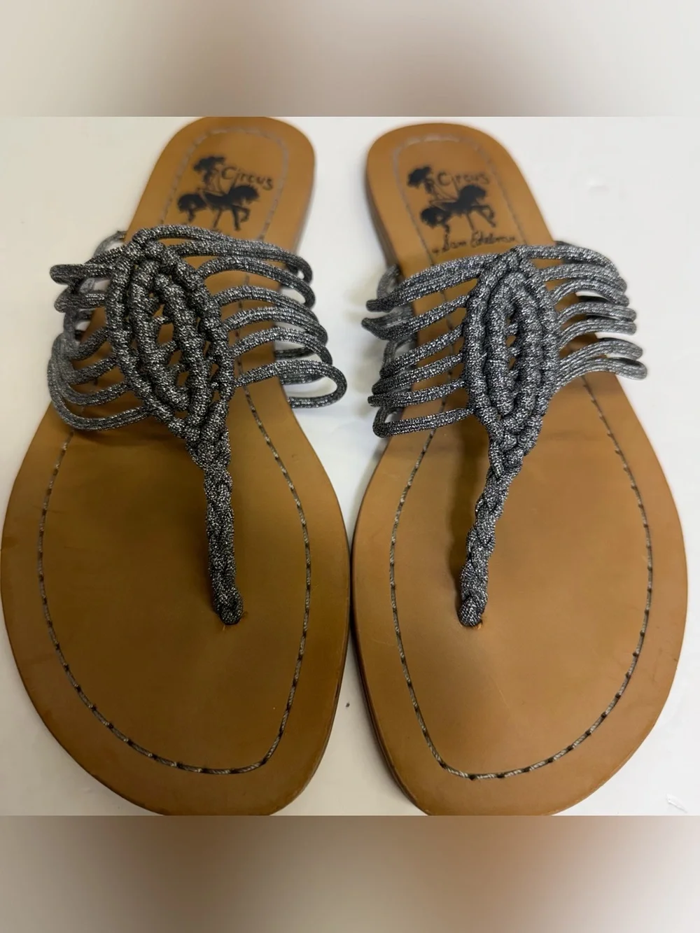 Circus by Sam Edelman Silver Braided T-Strap Sandals 7.5
